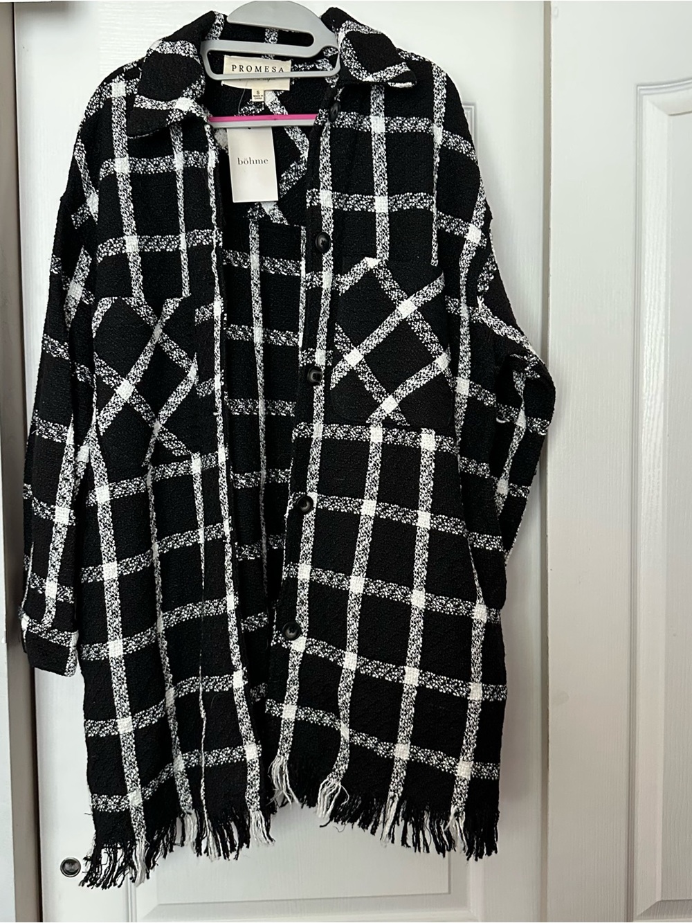 Promesa Black & White Windowpane Fringe Jacket